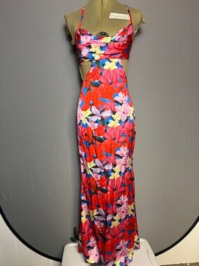 SHEIN Red Floral Cutout Maxi Dress with Adjustable Straps